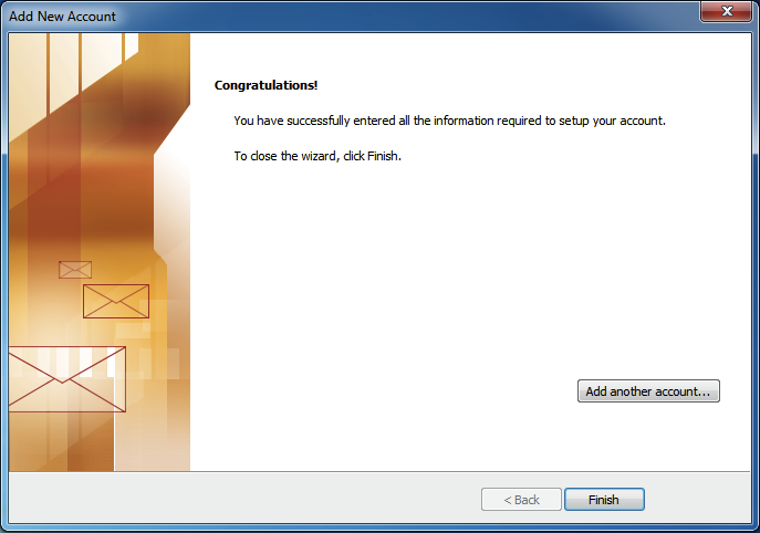 Account added successfully - Outlook 2010 success screen
